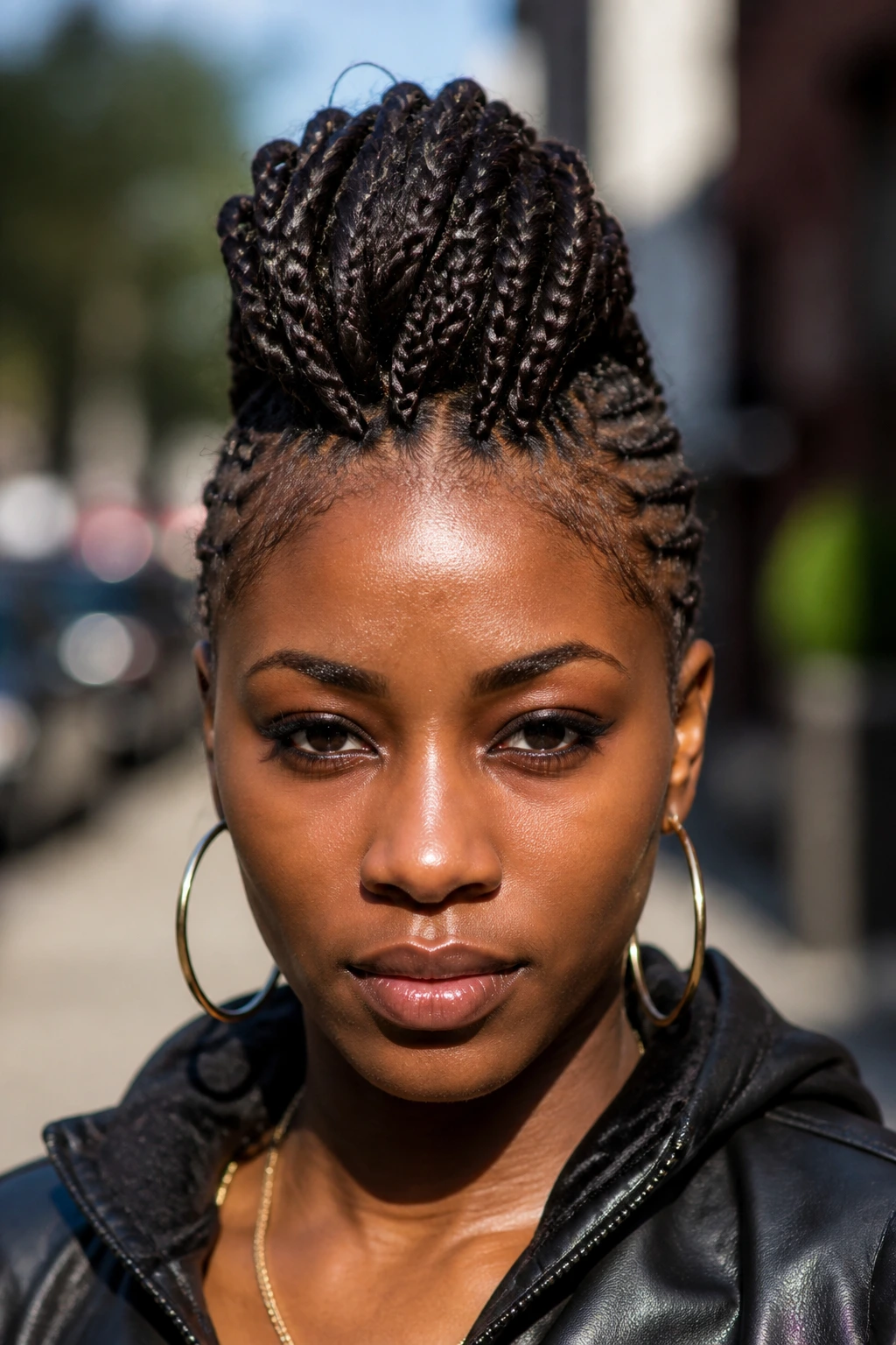 Close-up of a real person with a micro braid Mohawk on an urban street