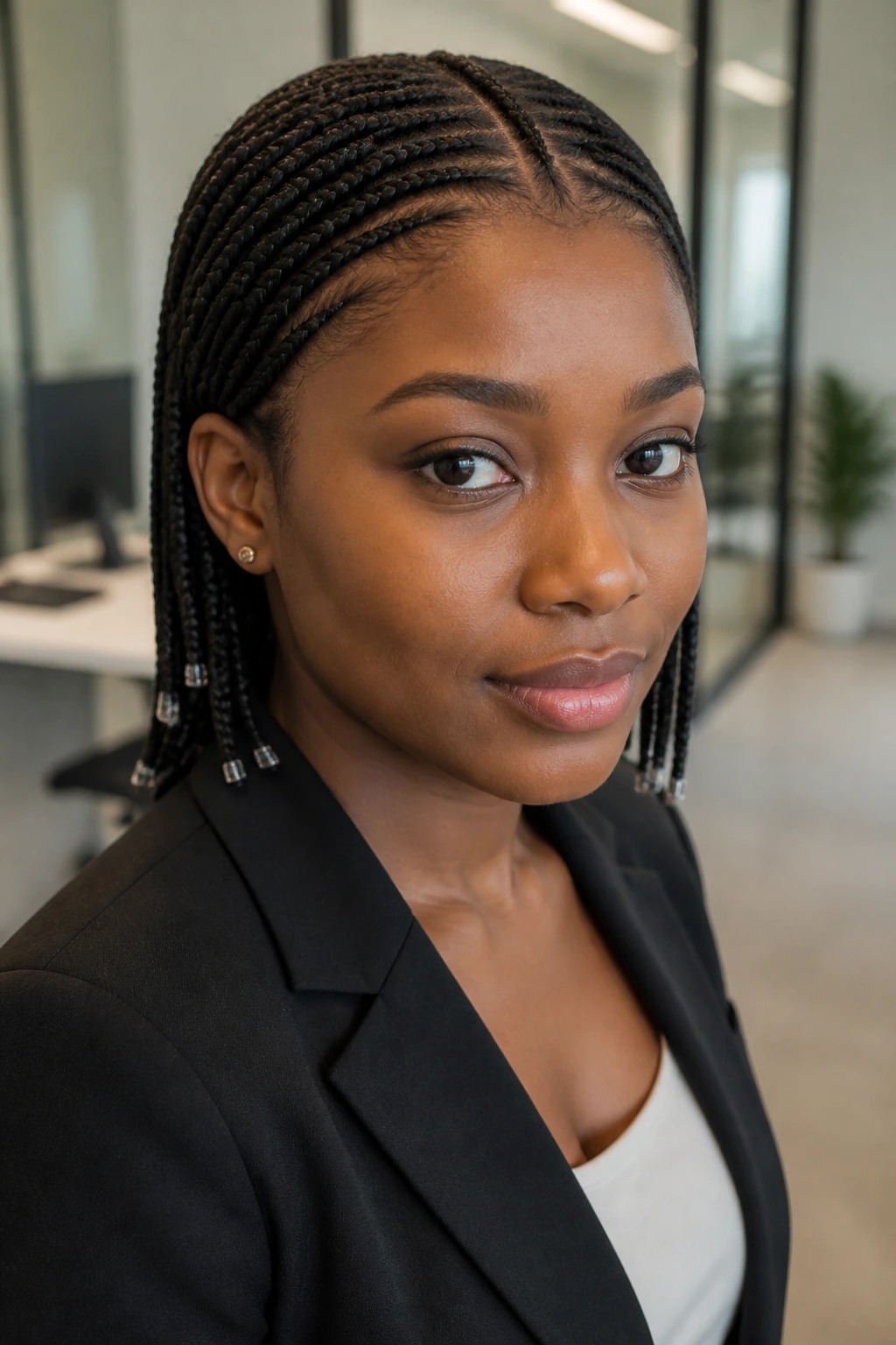 Close-up of a real person with office-sleek micro tribal braids and tiny beads