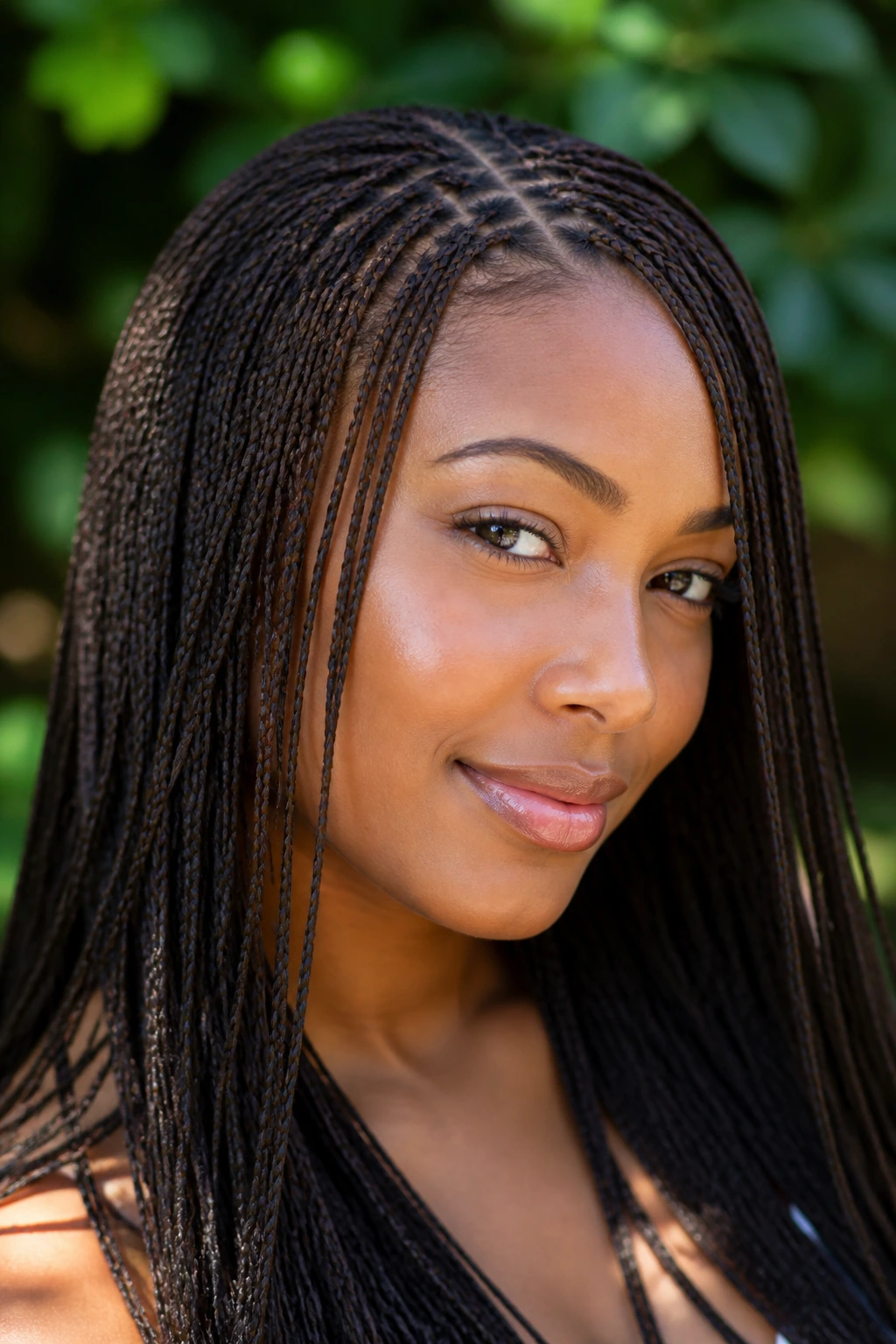 Close-up portrait of a real Black woman with micro braids filling the frame.