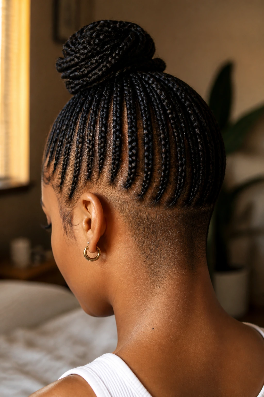 Close-up of micro braids on a shaved nape of a real person