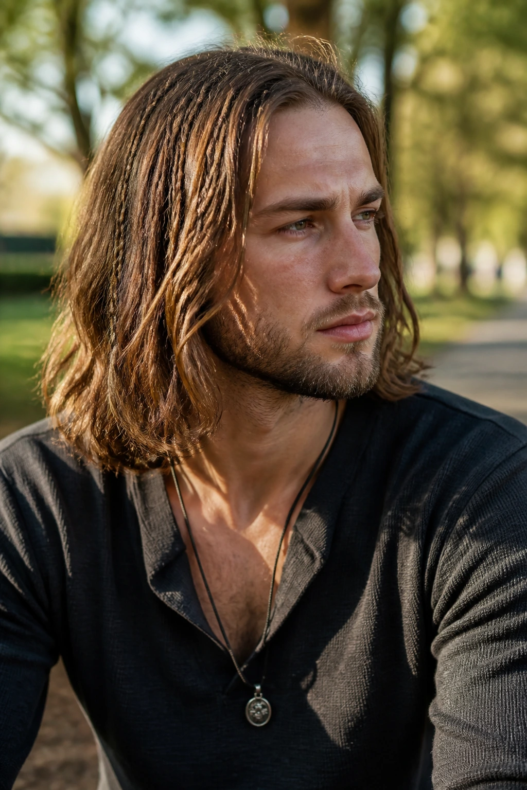 Real person with shoulder-length hair and micro braids in natural light
