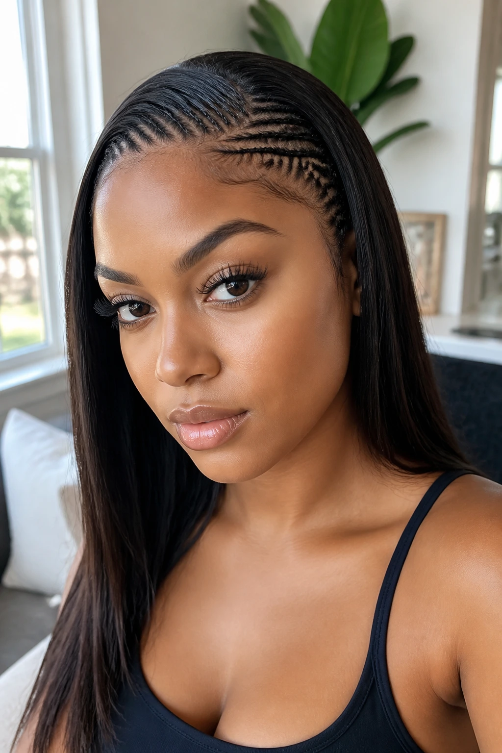 Portrait of a woman with straight hair featuring micro braids at the hairline.