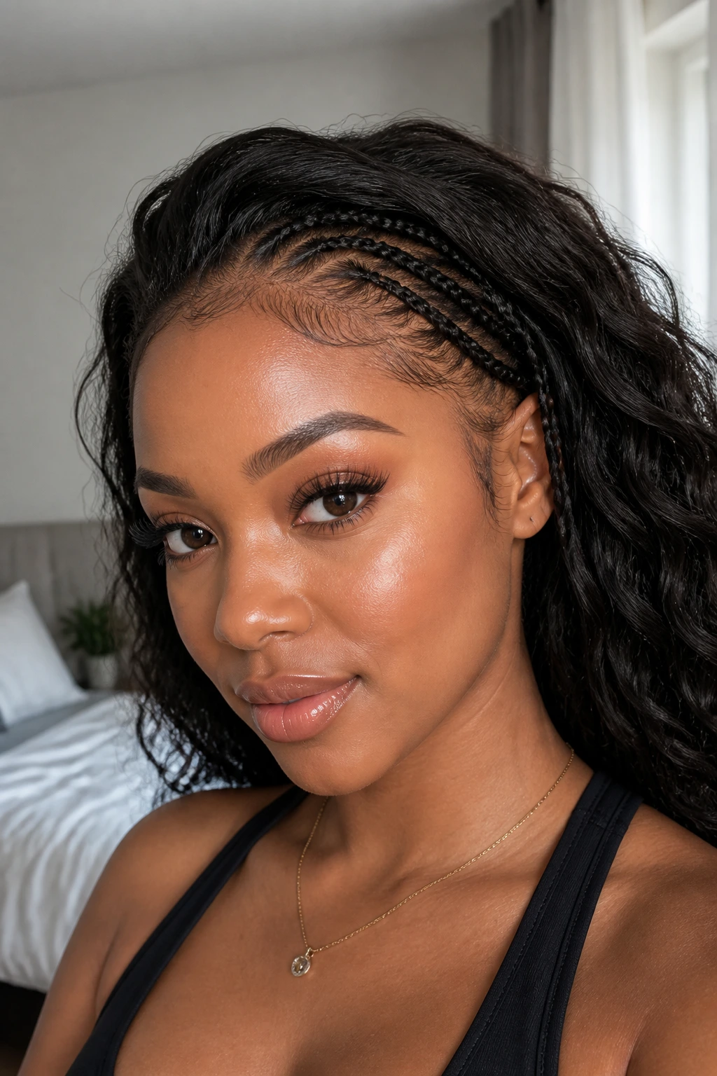 Close-up of micro braids at temples and hairline on a real woman, natural lighting
