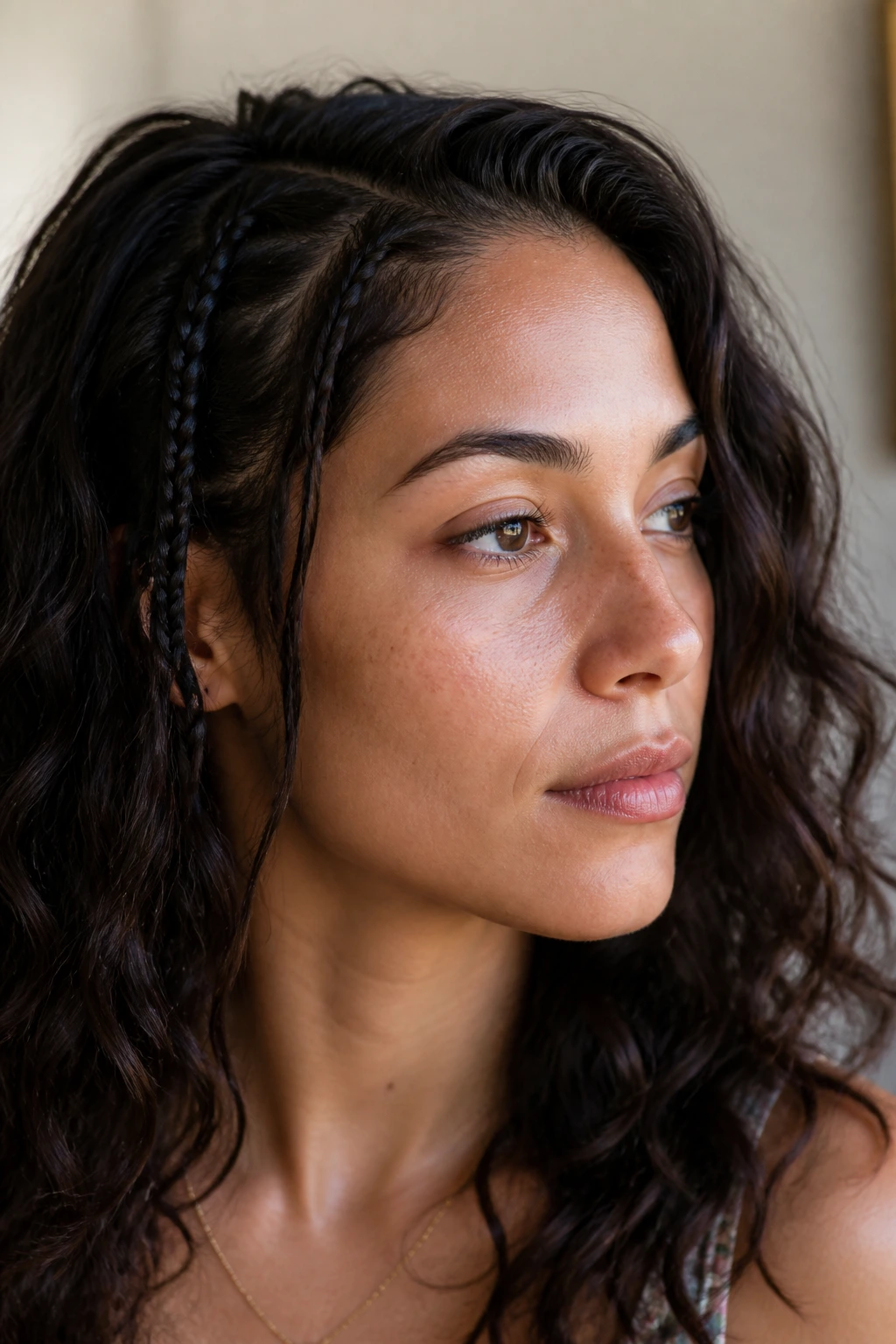 Close-up of a real woman with micro-braid accents blending into waves.
