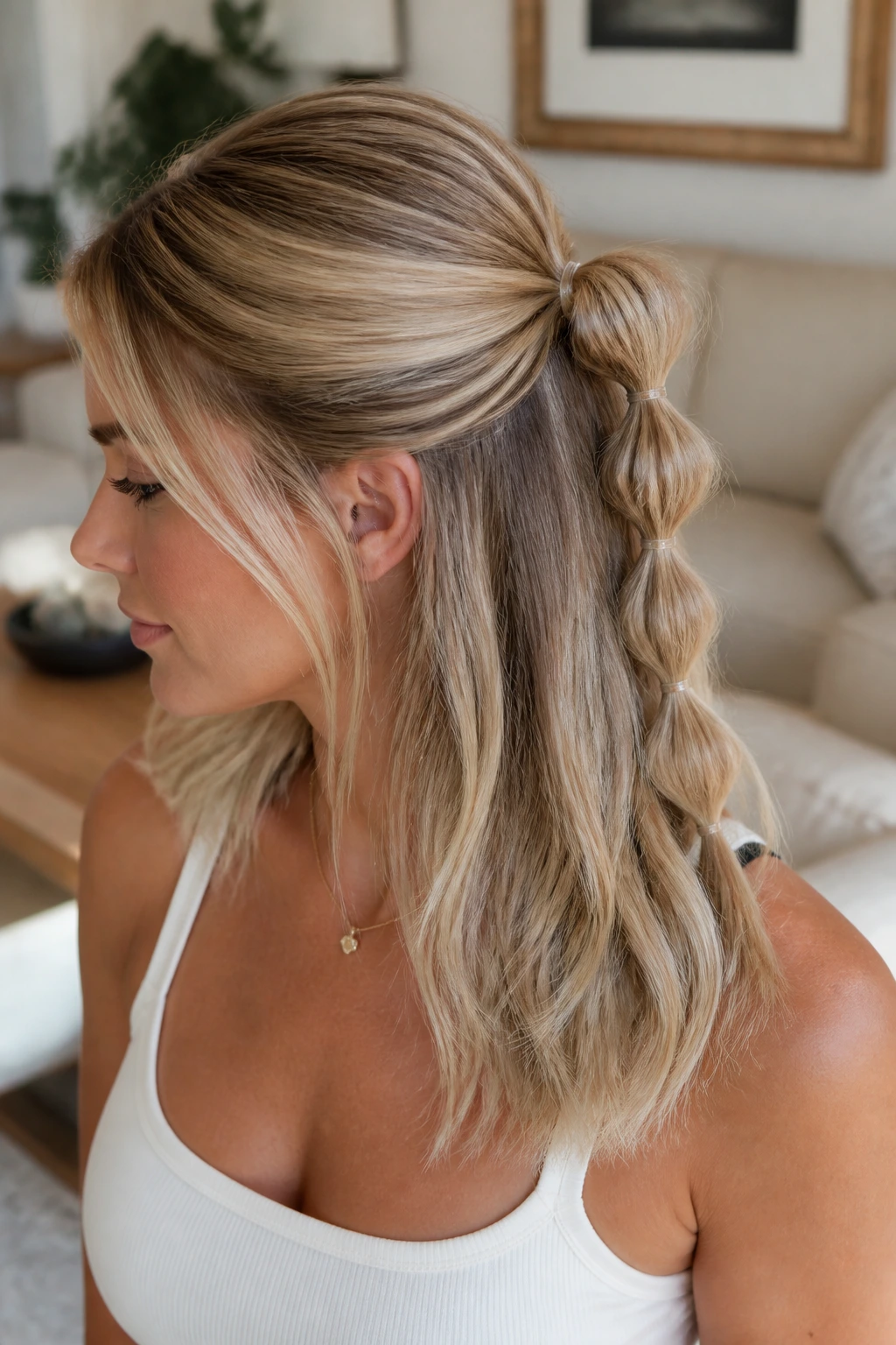 Micro-bubble half pony hairstyle on real person.