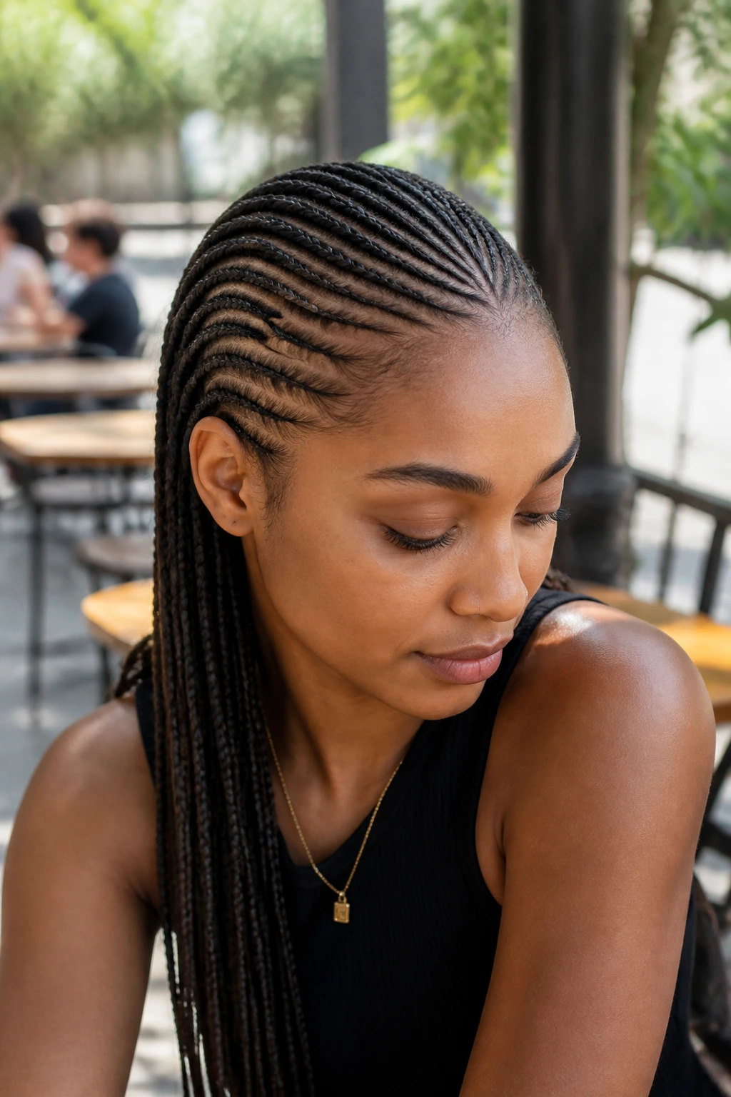 Close-up of a real person with tiny micro cornrows showing intricate pattern.