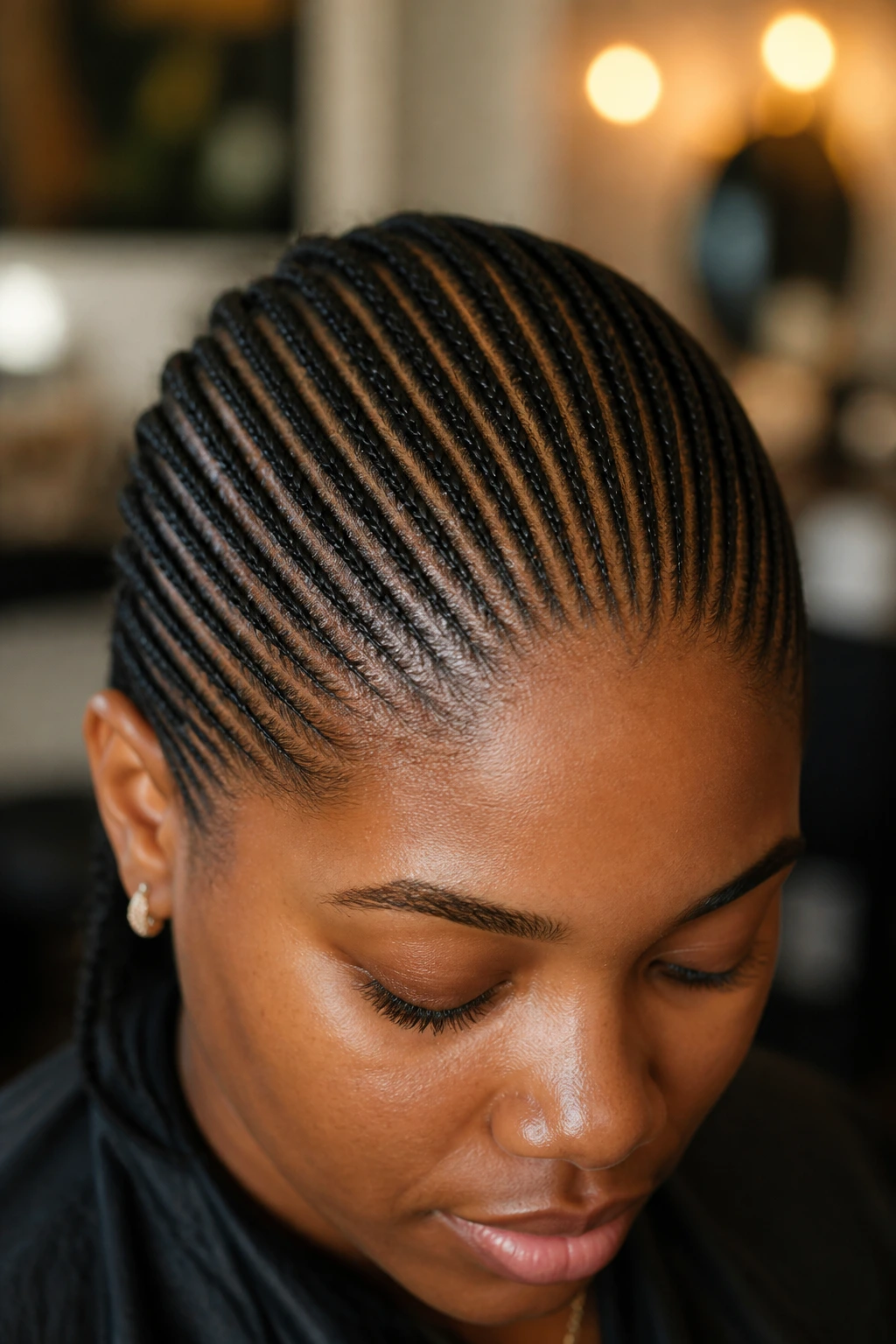 Close-up of tiny micro cornrows on a real woman with neat straight parts.