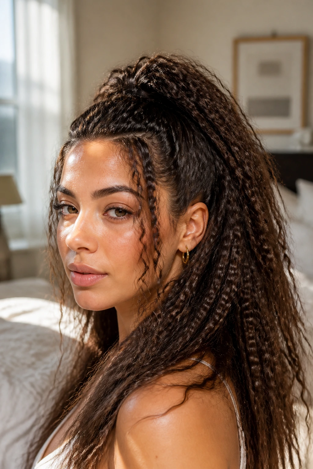 Close-up of a real woman with micro-crimped texture in a half-up ponytail