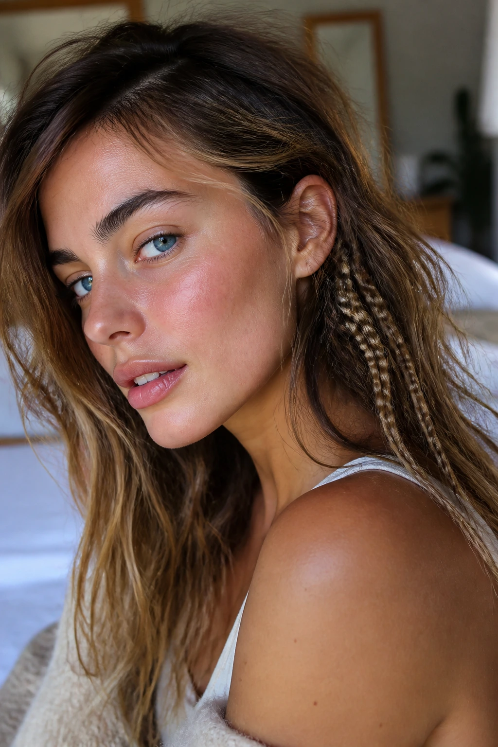 Close-up of a real woman with subtle micro-crimp accents under the top layer.