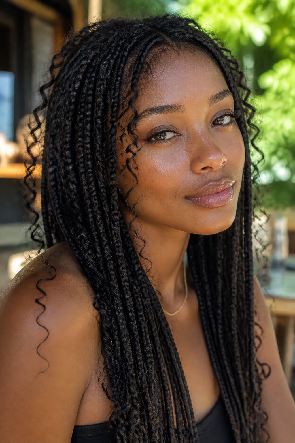 Close-up of micro-curl braids forming a soft halo around a real person