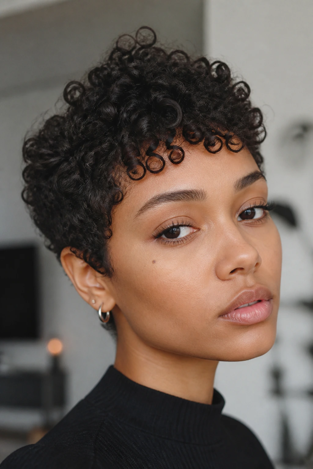 Portrait of a person with micro curls and a baby fringe above the brow