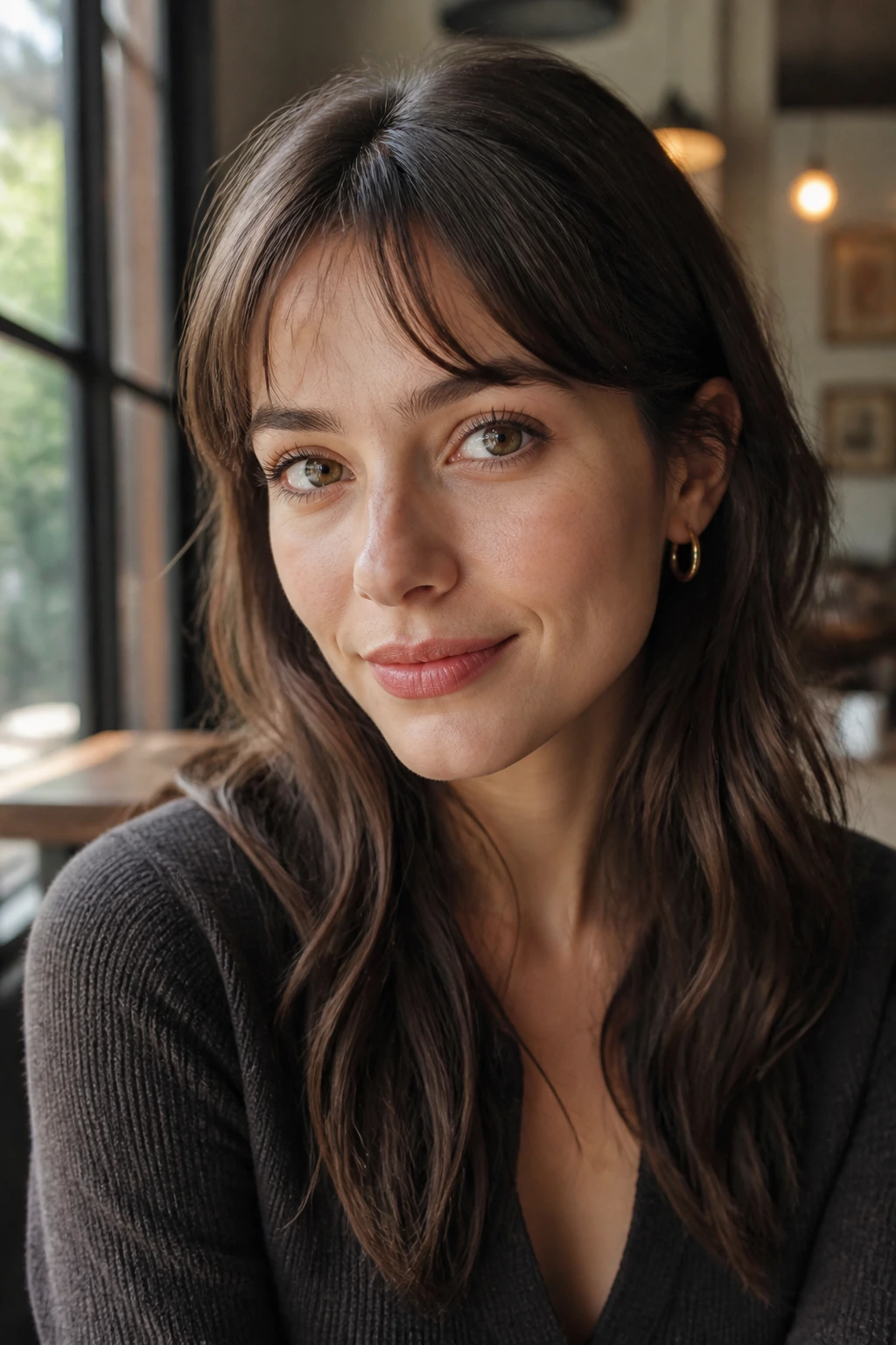 Close-up portrait of a real woman with micro curtain bangs high on the forehead in soft daylight