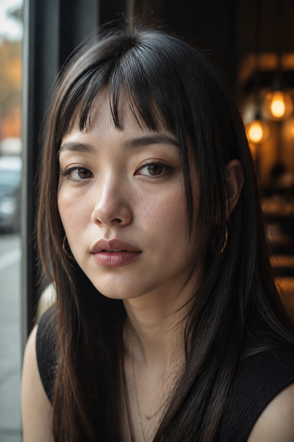 Close-up portrait of a woman with micro curtain bangs above the brow in daylight