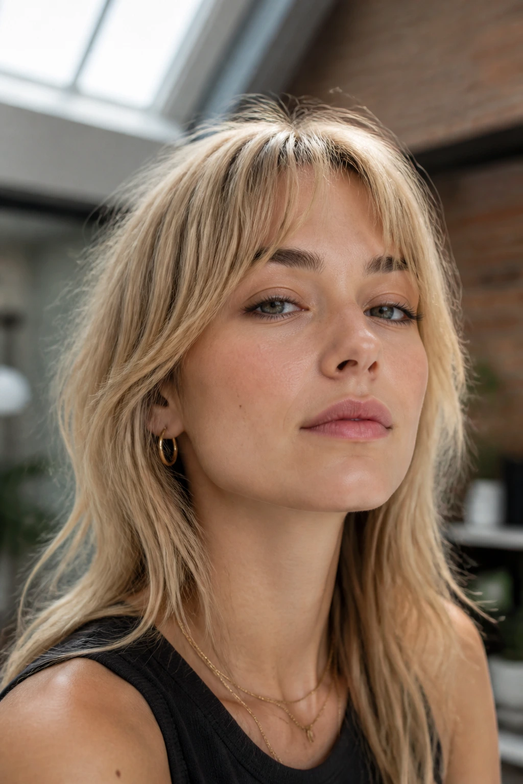 Close-up portrait of a real woman with micro curtain bangs high on the forehead in an urban loft