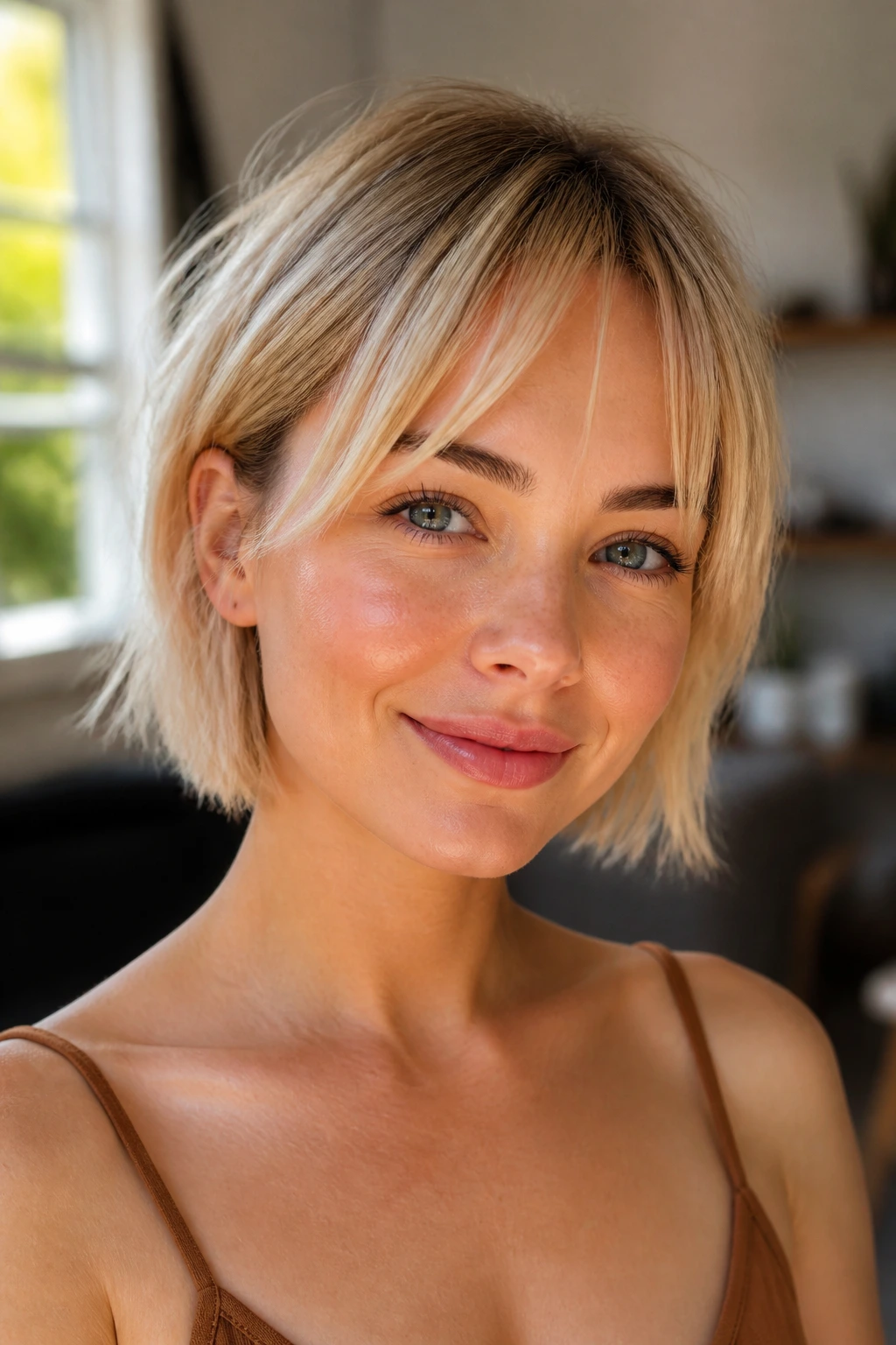 Close-up of a real woman with micro-curtain bangs for fine hair
