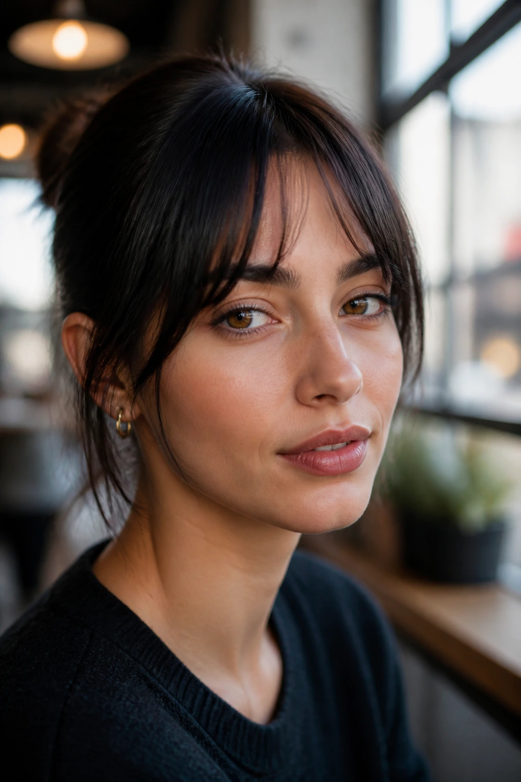Close-up of a real woman with a micro curtain fringe creating a tiny opening in window light