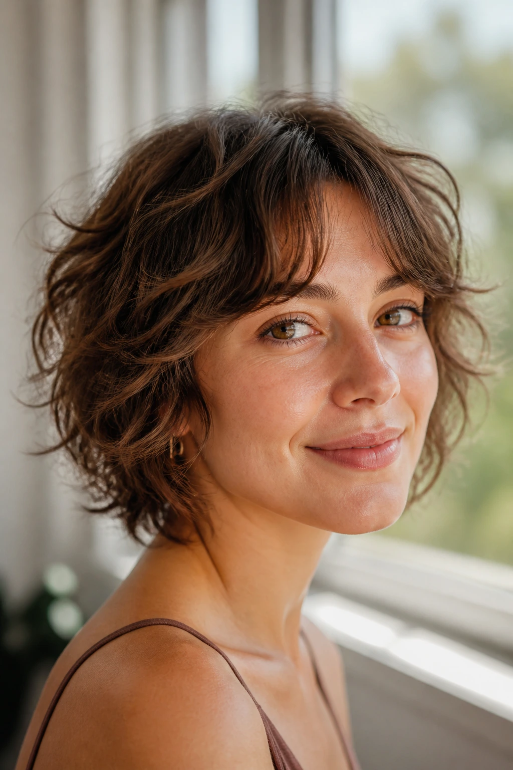 Close-up portrait of a real woman with micro curtain fringe on fine hair
