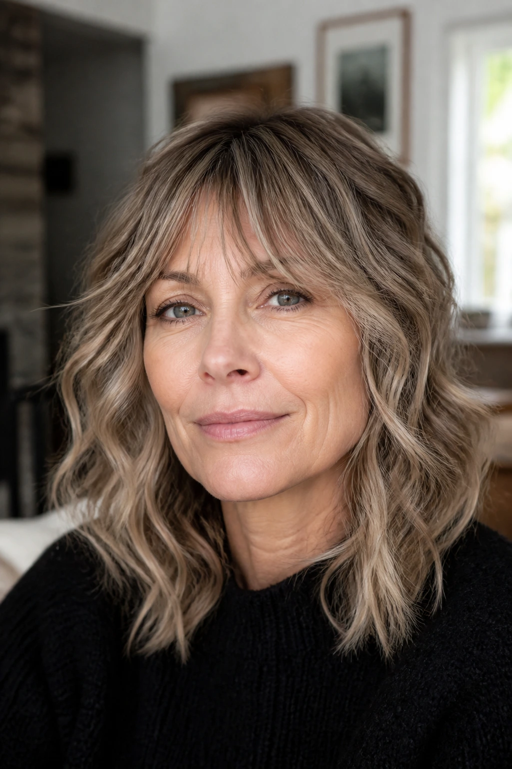 Close-up of a real woman with micro curtain fringe in living room light