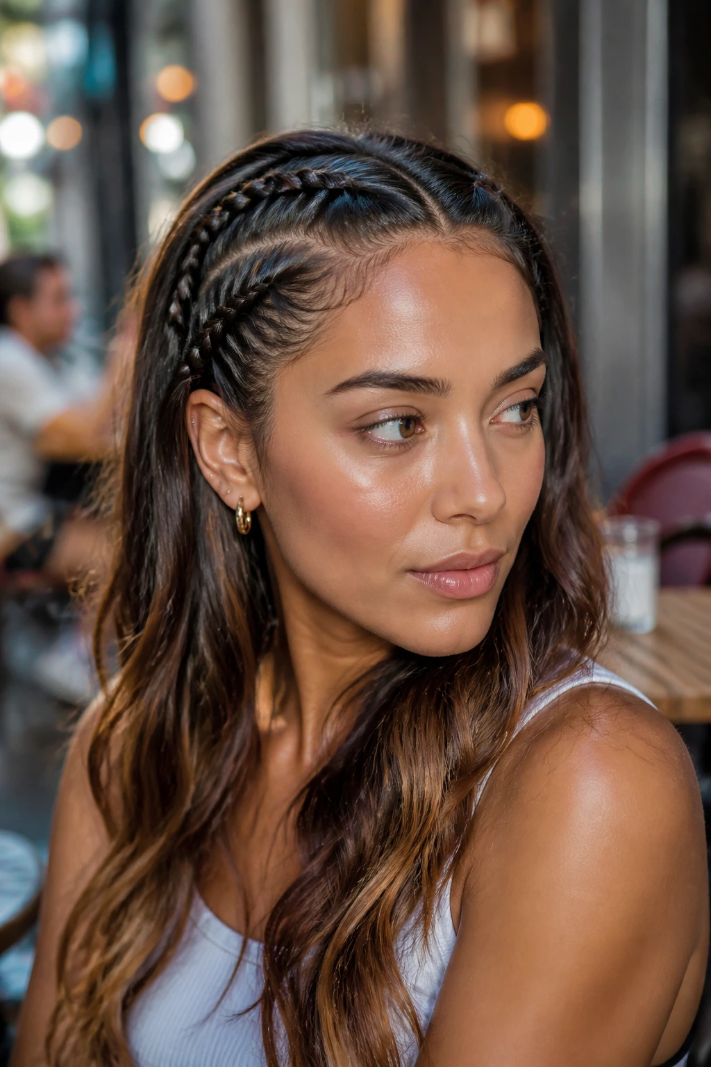 Close-up of a real woman with micro Dutch accent braids at temples.