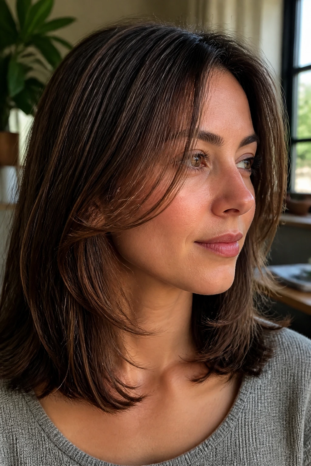 Close-up of a real woman with micro face frame layers softly framing the face