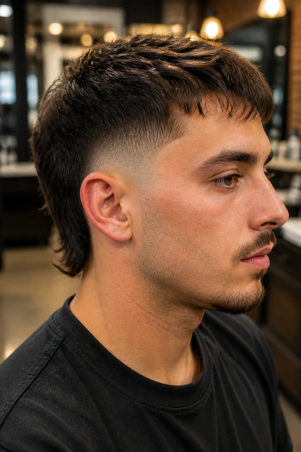 Close-up of a real person showing a micro fade mullet in a barber shop.