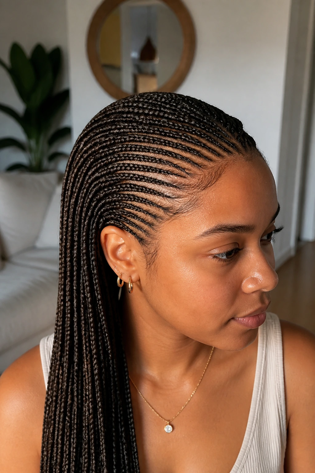 Close-up of a real woman with dense micro feed-in braids across the scalp