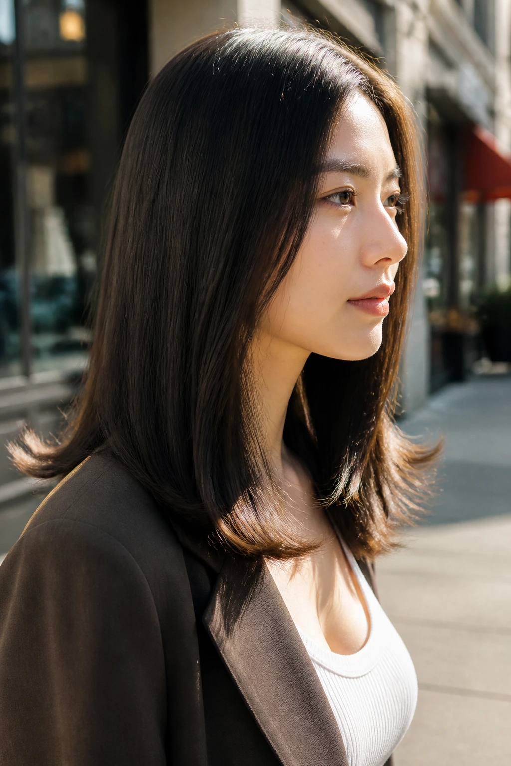 Portrait of a real person with a micro-flip at the ends of long straight hair