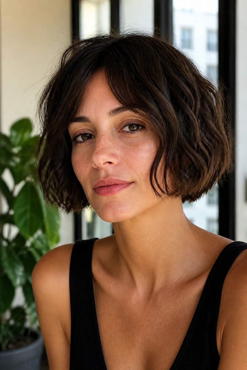 Close-up of a real woman with a micro French bob and loose waves