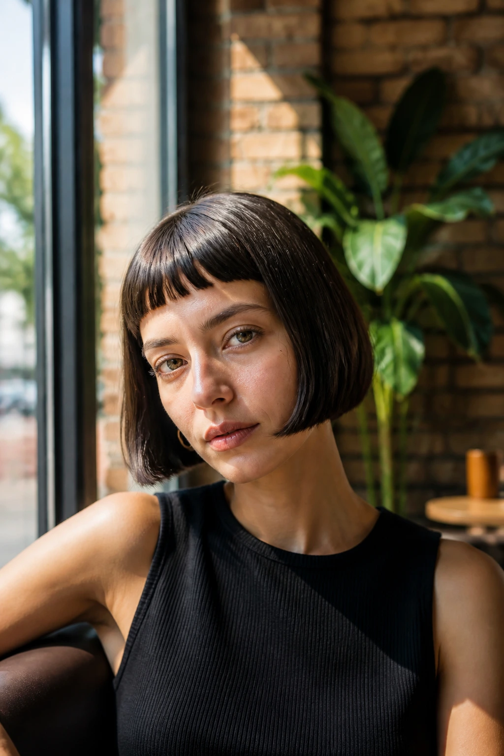 Close-up of a woman with micro-fringe French bob in a cafe setting