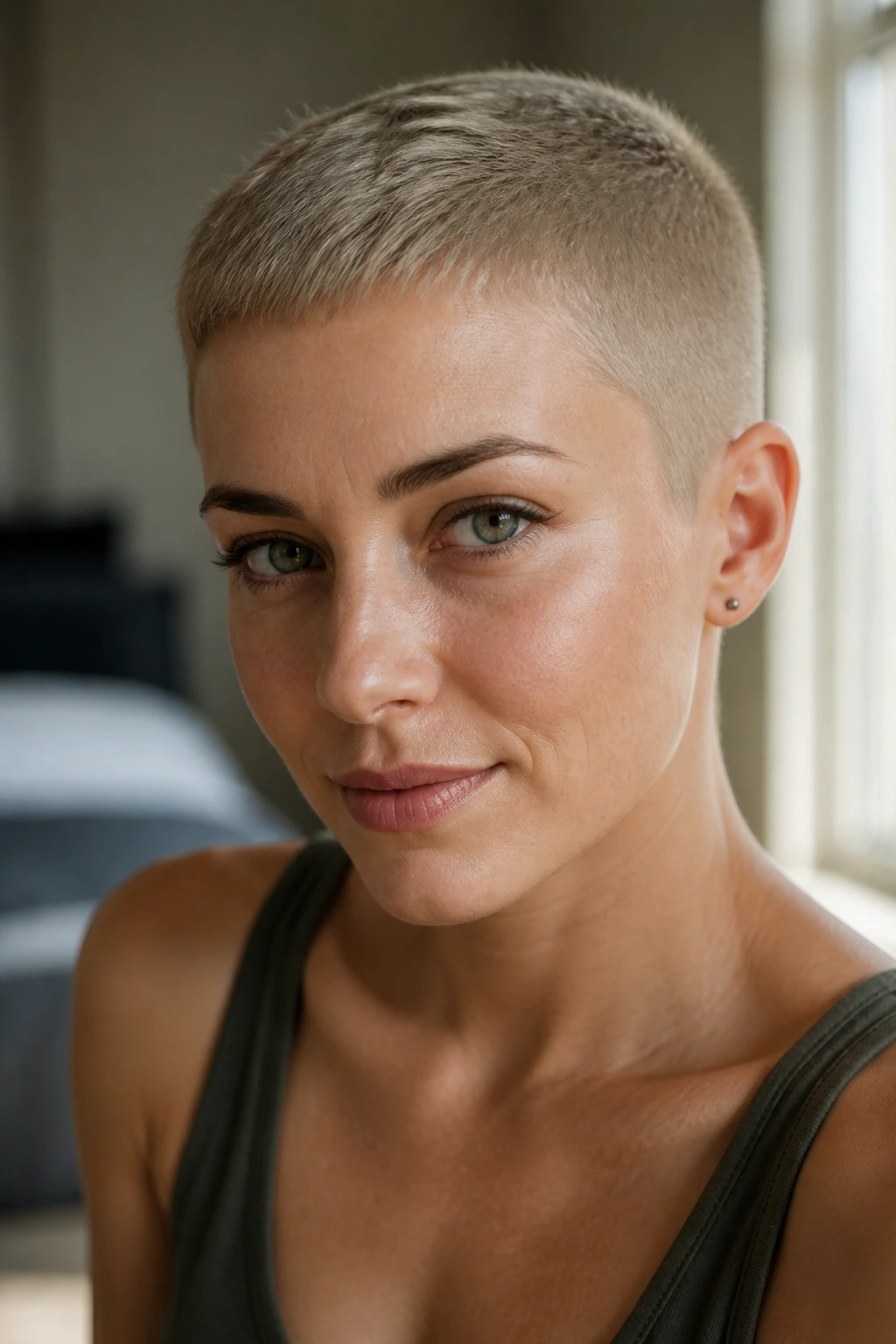 Close-up portrait of a real woman with micro-fringe buzz in soft window light