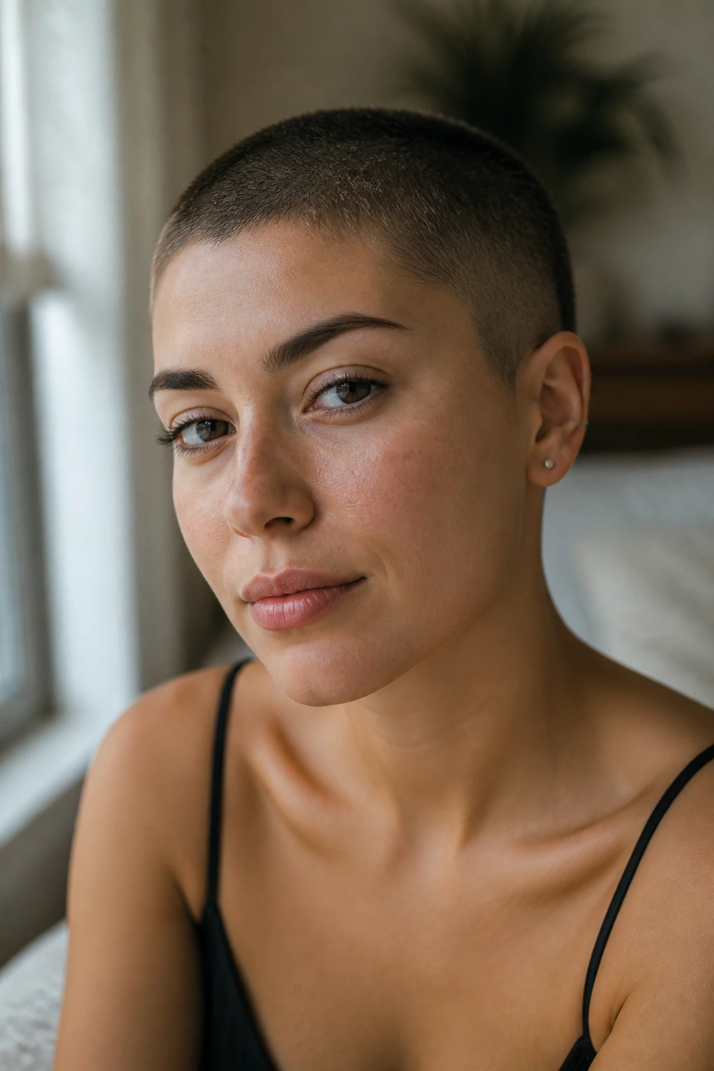 Close-up portrait of a real woman with a micro fringe buzz at the hairline