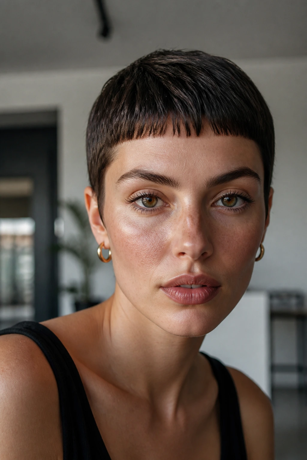 Close-up portrait of a real woman with a micro fringe crop and very short bangs