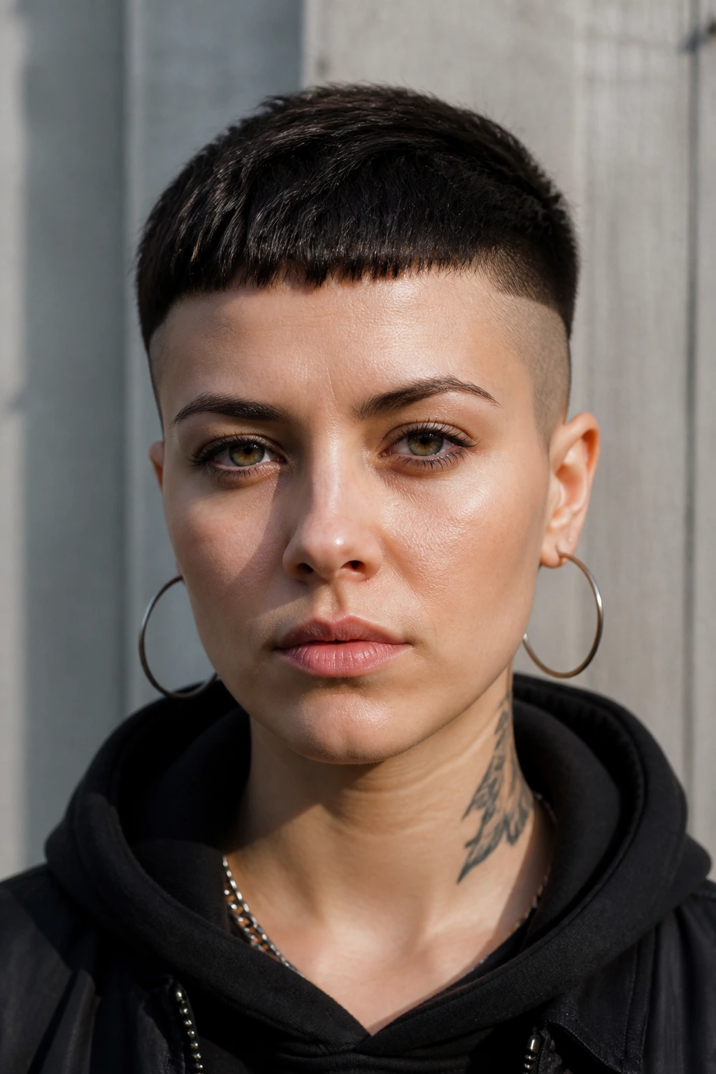 Real woman with micro-fringe disconnected crop against urban concrete background