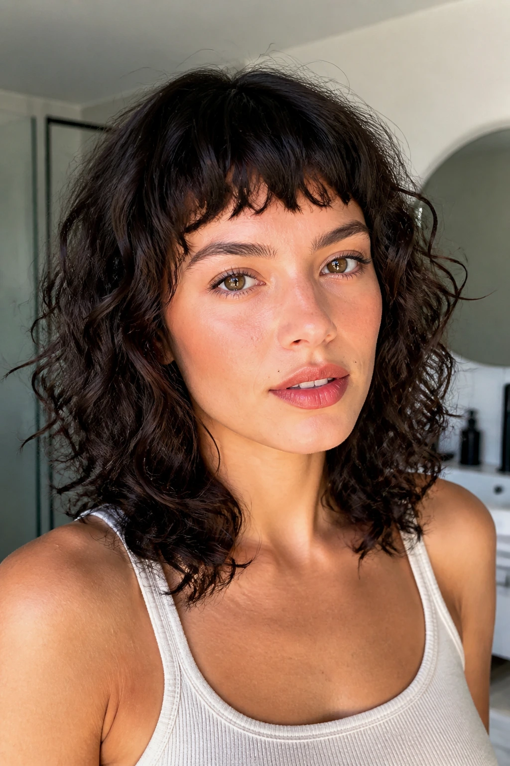 Close-up of micro-fringe curly shag on a real person in a bright bathroom
