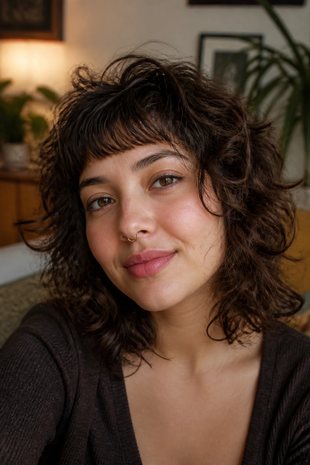 Close-up of a real person with micro-fringe curly shag