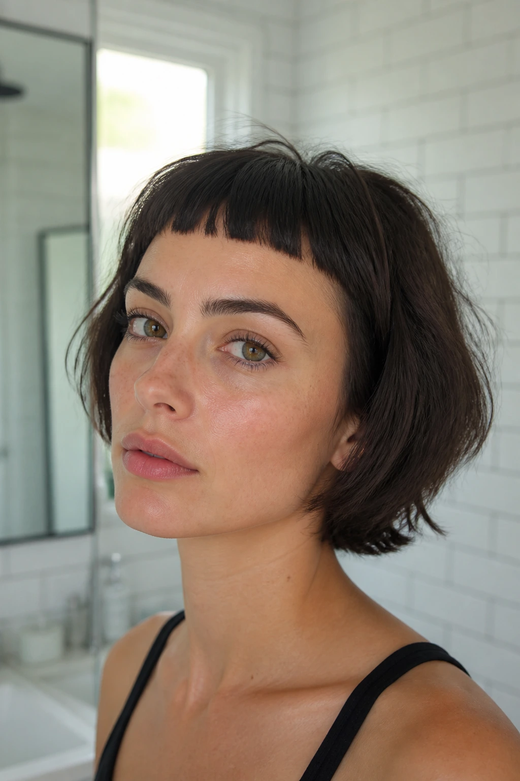 Real person with micro fringe high on forehead in bright bathroom