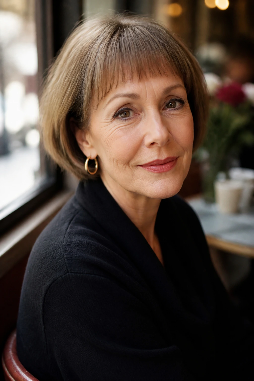 Close-up portrait of an older woman with a micro-fringe French bob