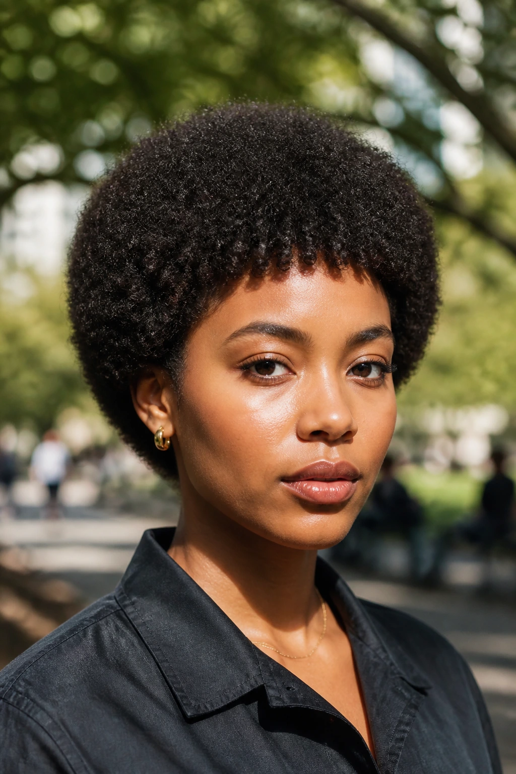 Close-up portrait of a real person with a micro-fringe fro hairstyle