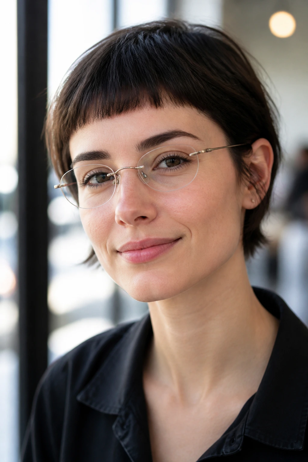 Portrait of a real woman with micro fringe and minimal-frame glasses in an urban cafe.