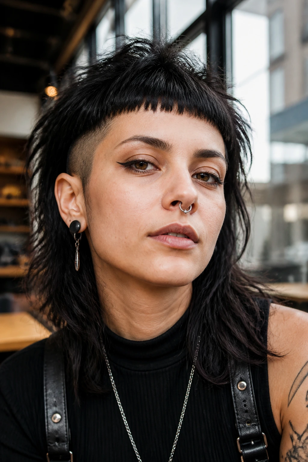 Close-up portrait of real person with micro fringe layered crop and bold forehead-exposing bangs
