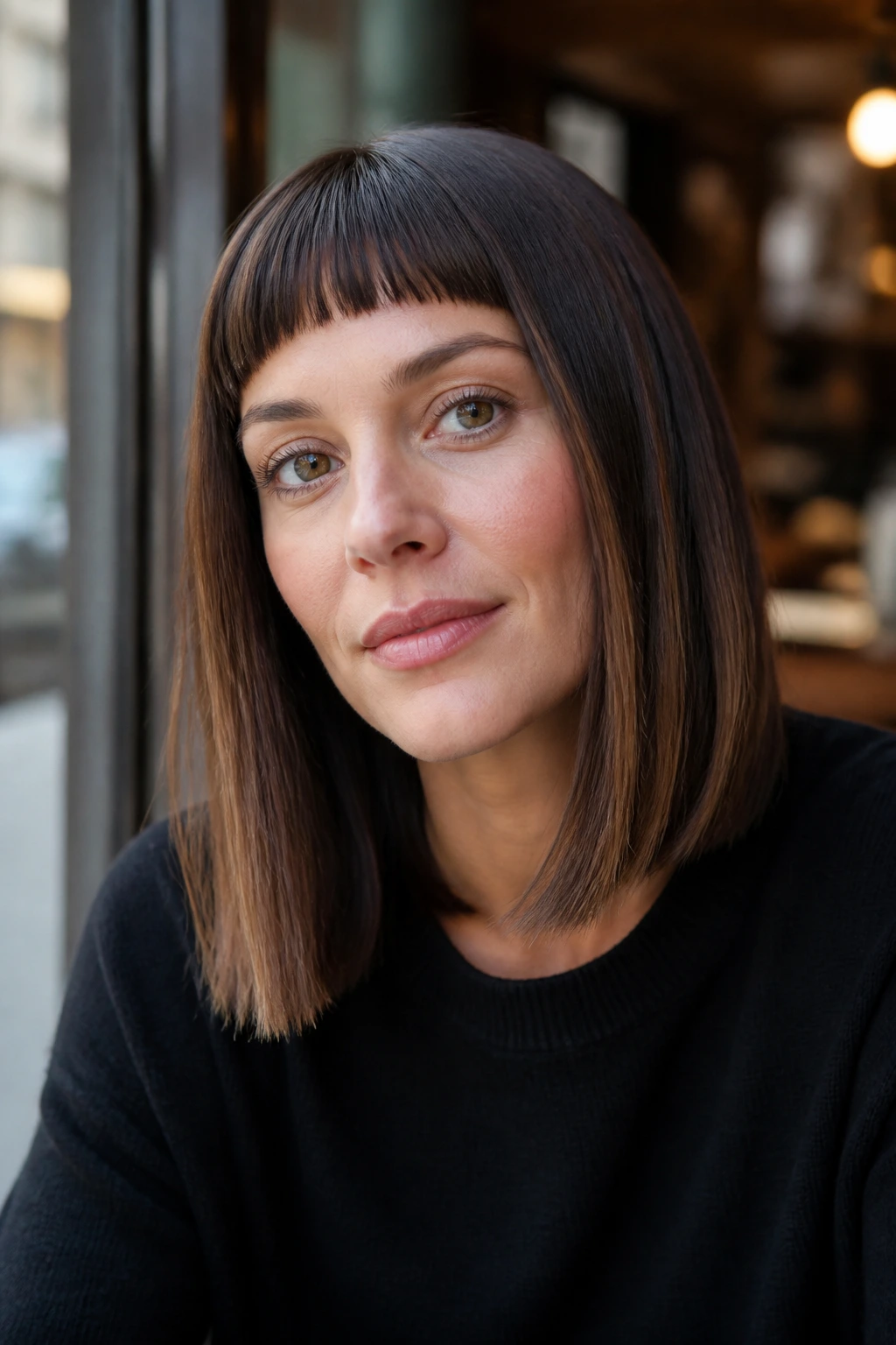 Close-up portrait of a real woman with micro fringe and long lob in a cafe setting
