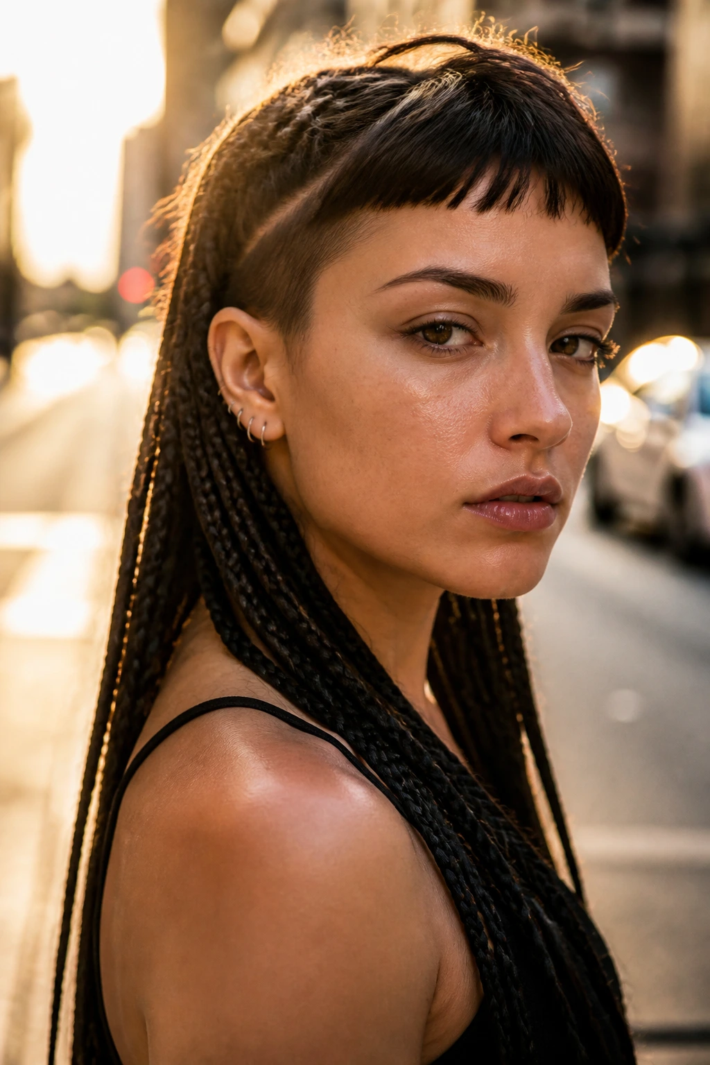 Real woman with micro fringe and long braids on urban street at golden hour