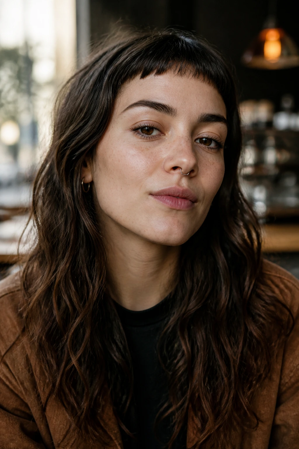 Real person with micro fringe and long hair in cafe lighting