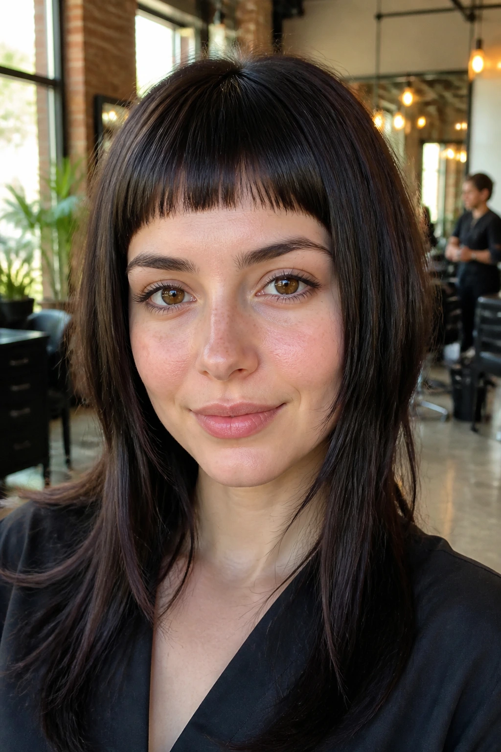 Close-up portrait of a real woman with micro fringe and longer sides in a warm salon setting