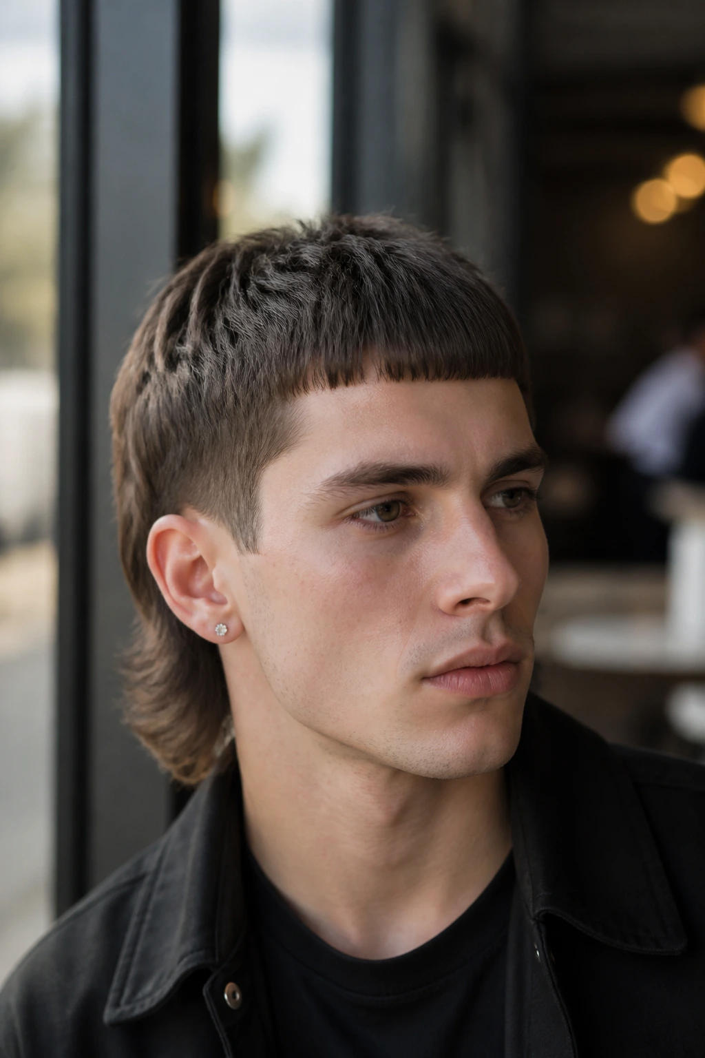 Portrait of a real person with a micro fringe mullet in natural daylight.