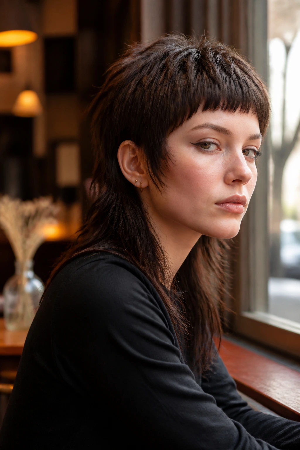 Portrait of a woman with micro-fringe mullet and sharp eye-framing fringe