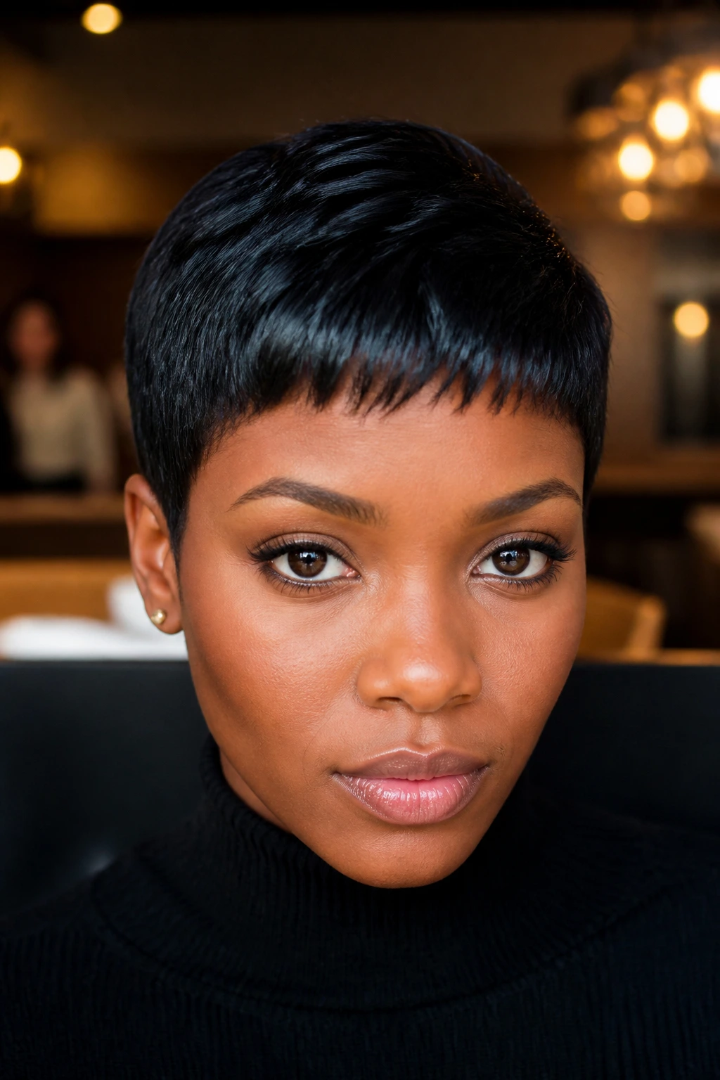 Close-up of a real Black woman with a micro-fringe pixie and sharp tiny bangs.