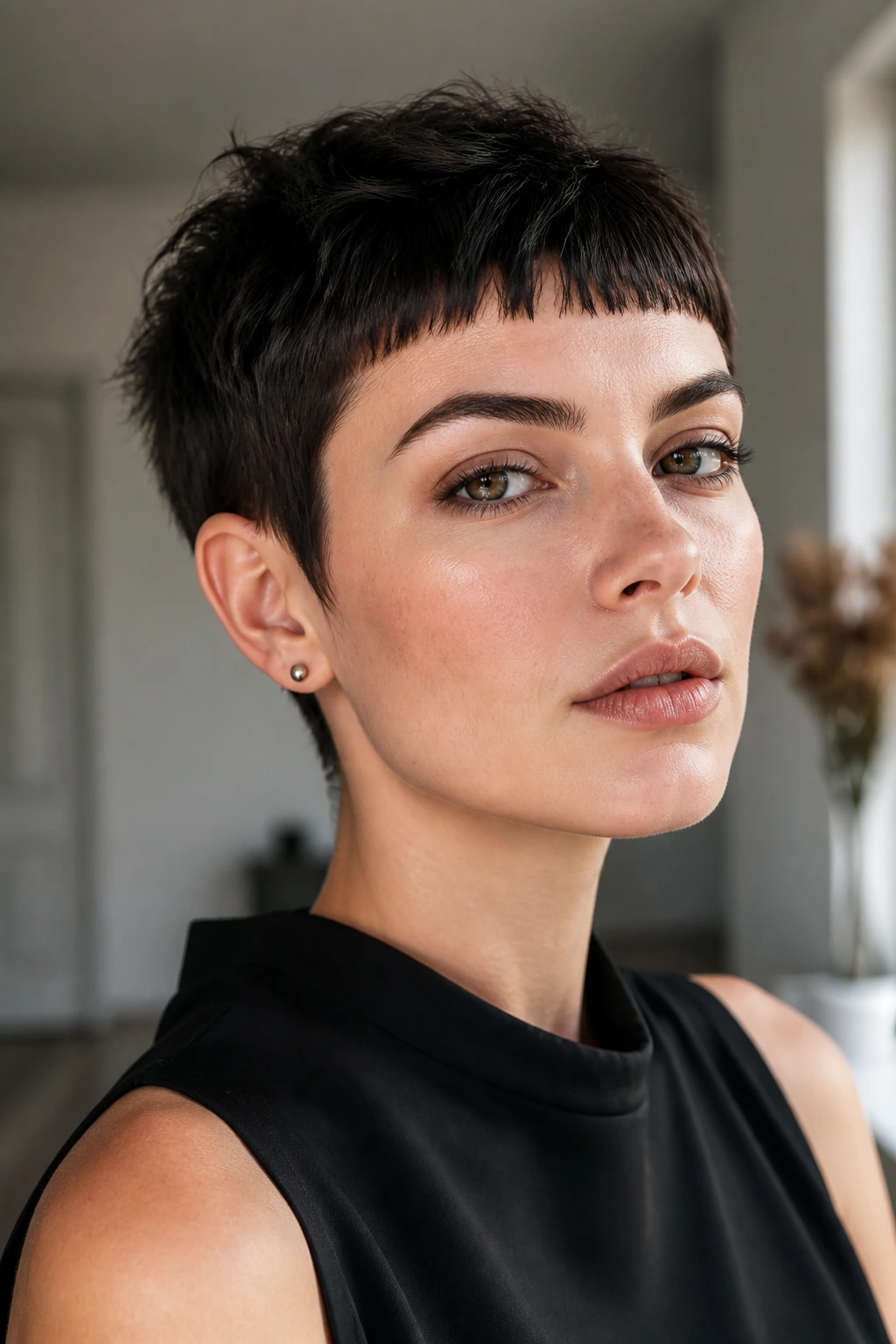 Close-up of a real woman with a micro-fringe pixie above the brows.