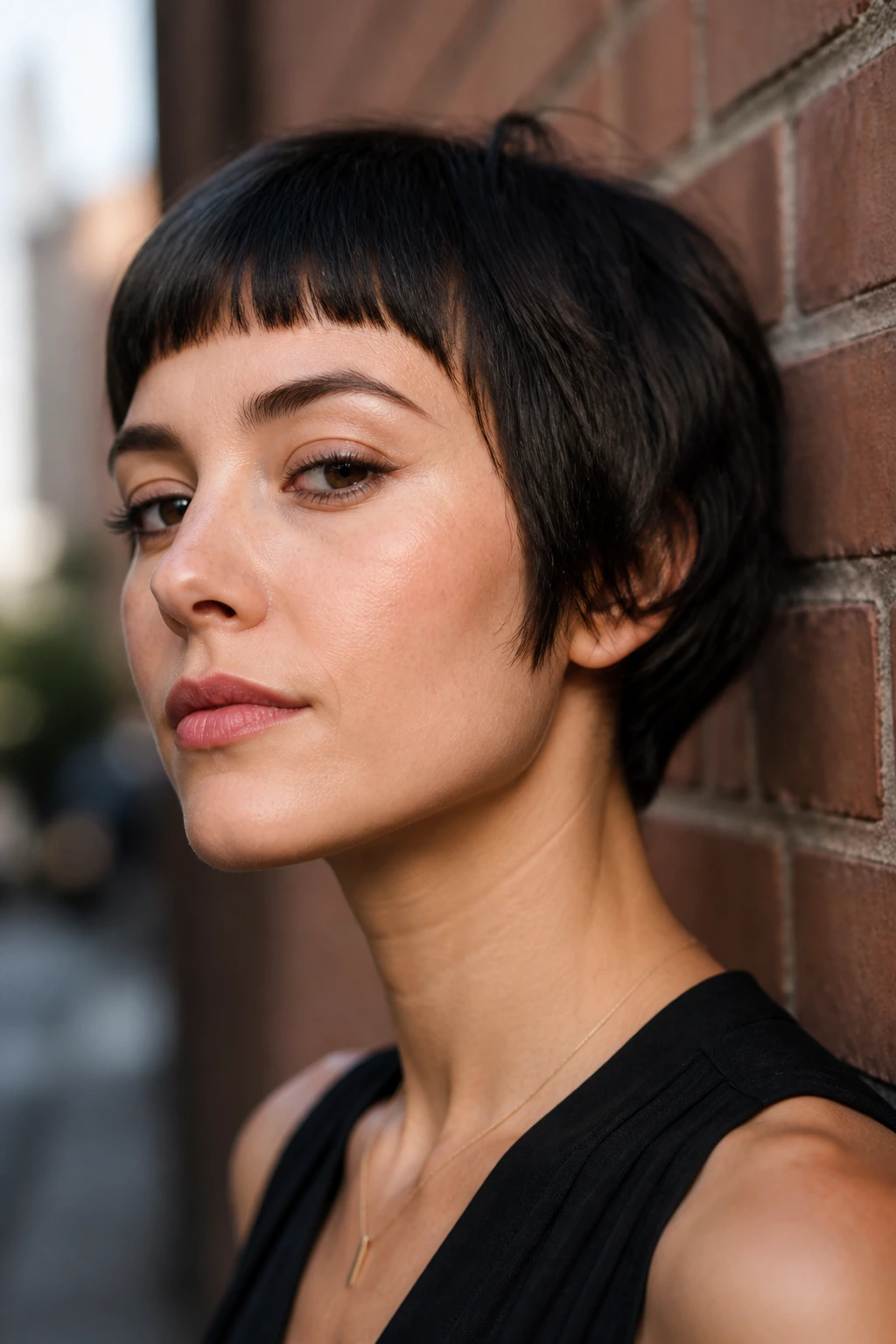 Close-up of micro fringe pixie bob on a real person with textured hair