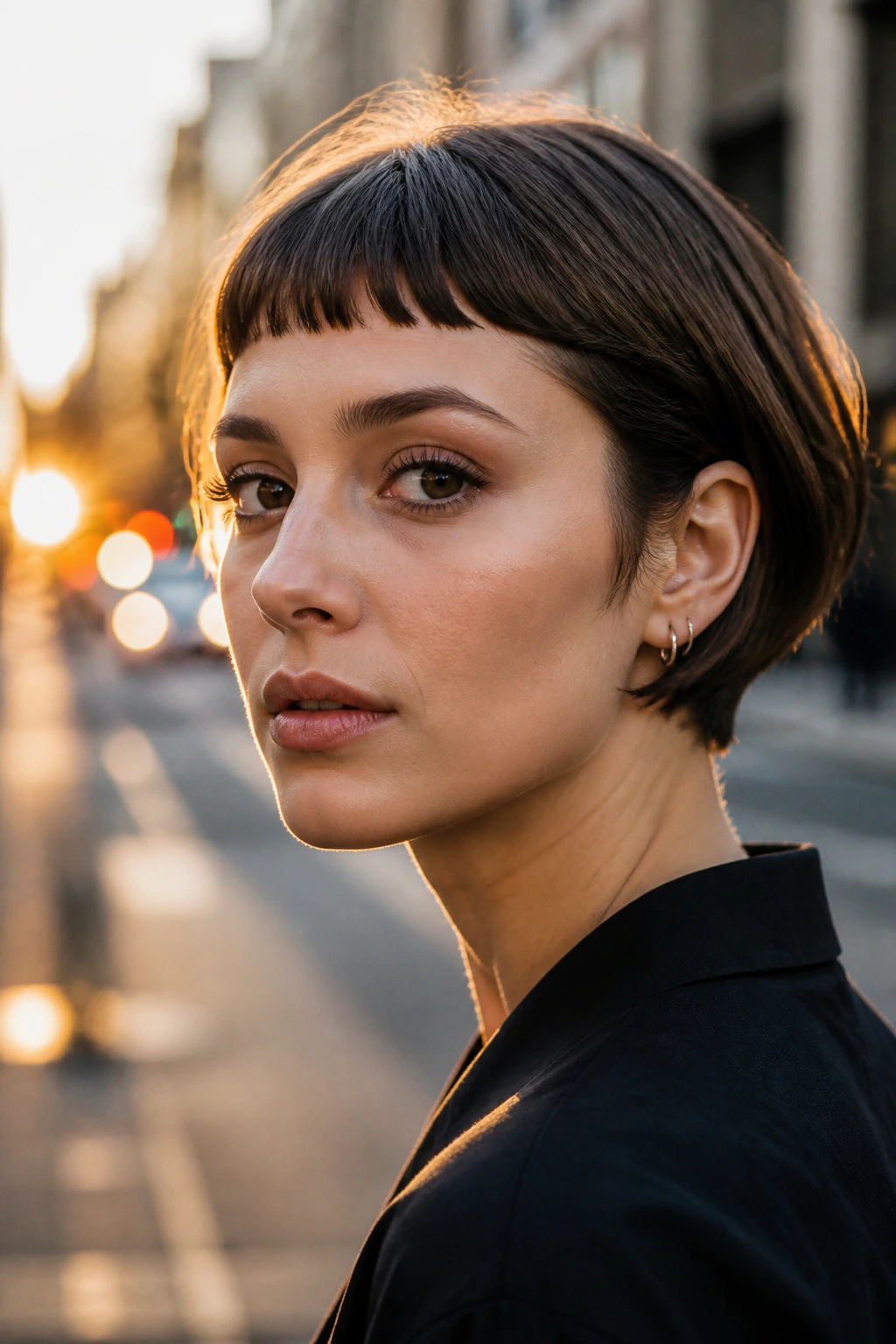 Close-up of a real woman with a micro-fringe pixie bob on an urban street at golden hour.